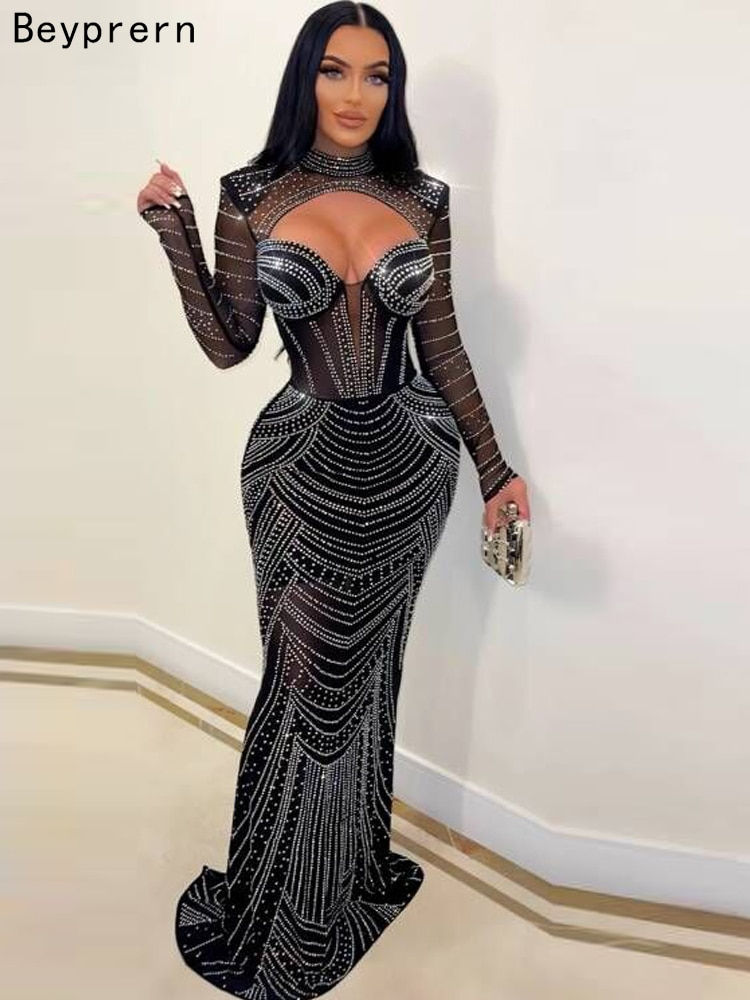 Beyprern Beautiful Corset Crystal Long Maxi Dress Sparkle Cut-Out Black Rhinest
