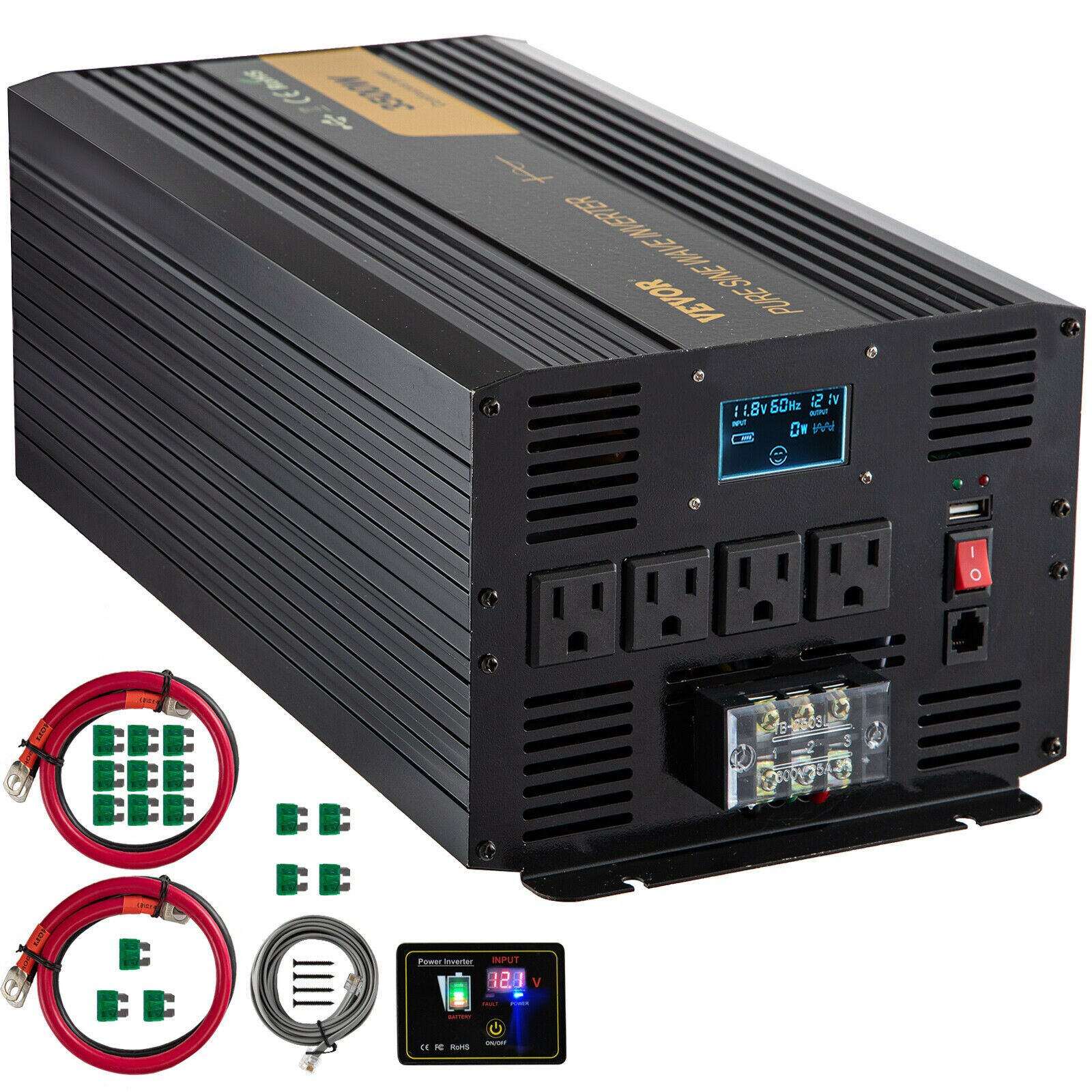 VEVOR Pure Sine Wave Power Inverter 12V DC to 120V AC Aluminum Alloy LCD
