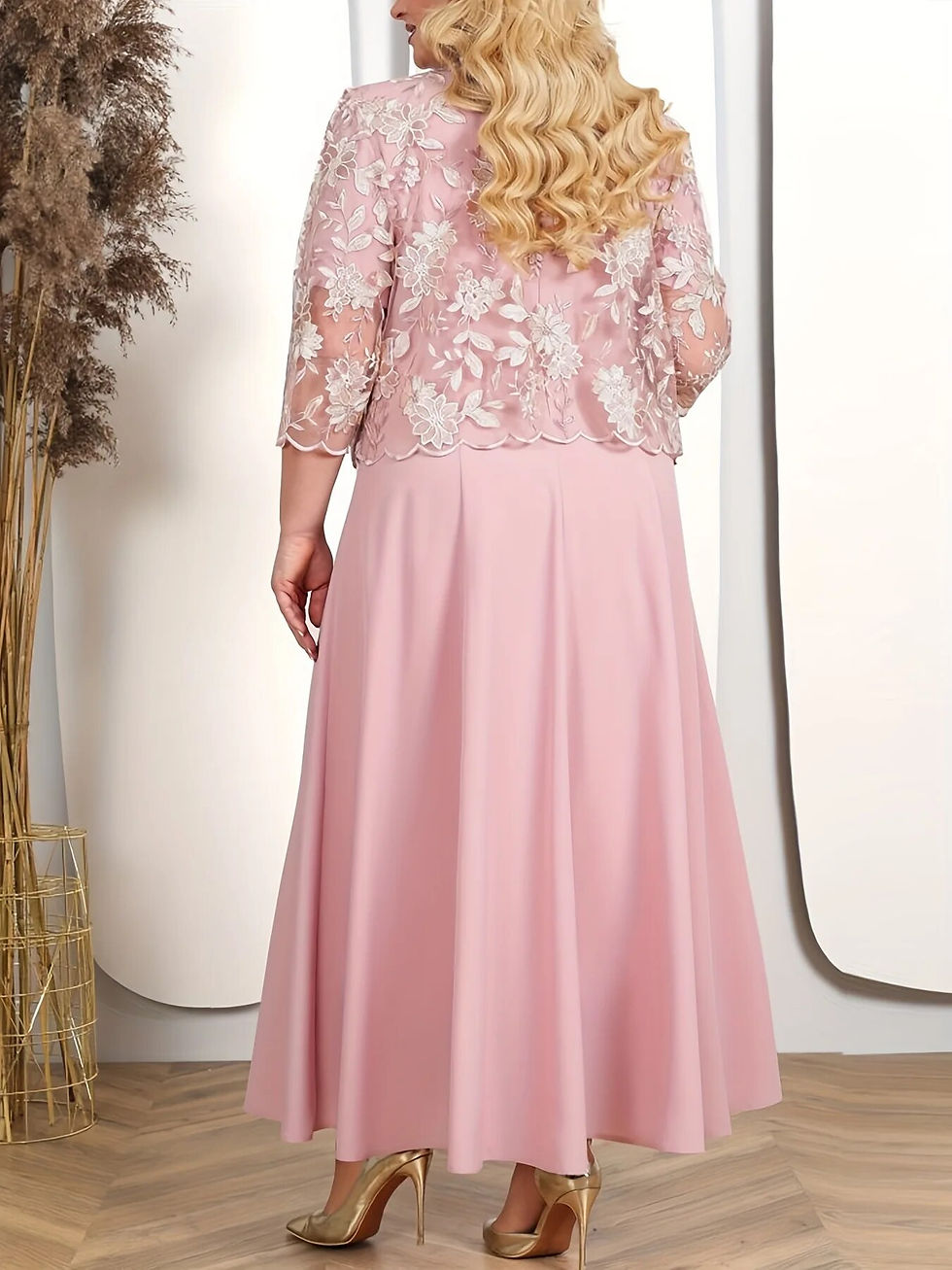 Thumbnail: Plus Size Dress Two-piece Set Lace Chiffon Three-quarter Sleeves O-neck Dress W