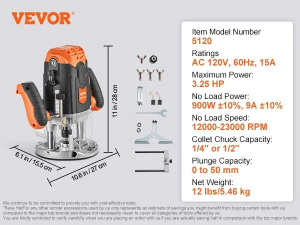 VEVOR Plunge Router 3-1/4 HP 120V Variable Speed Electronic Plunge Base Router