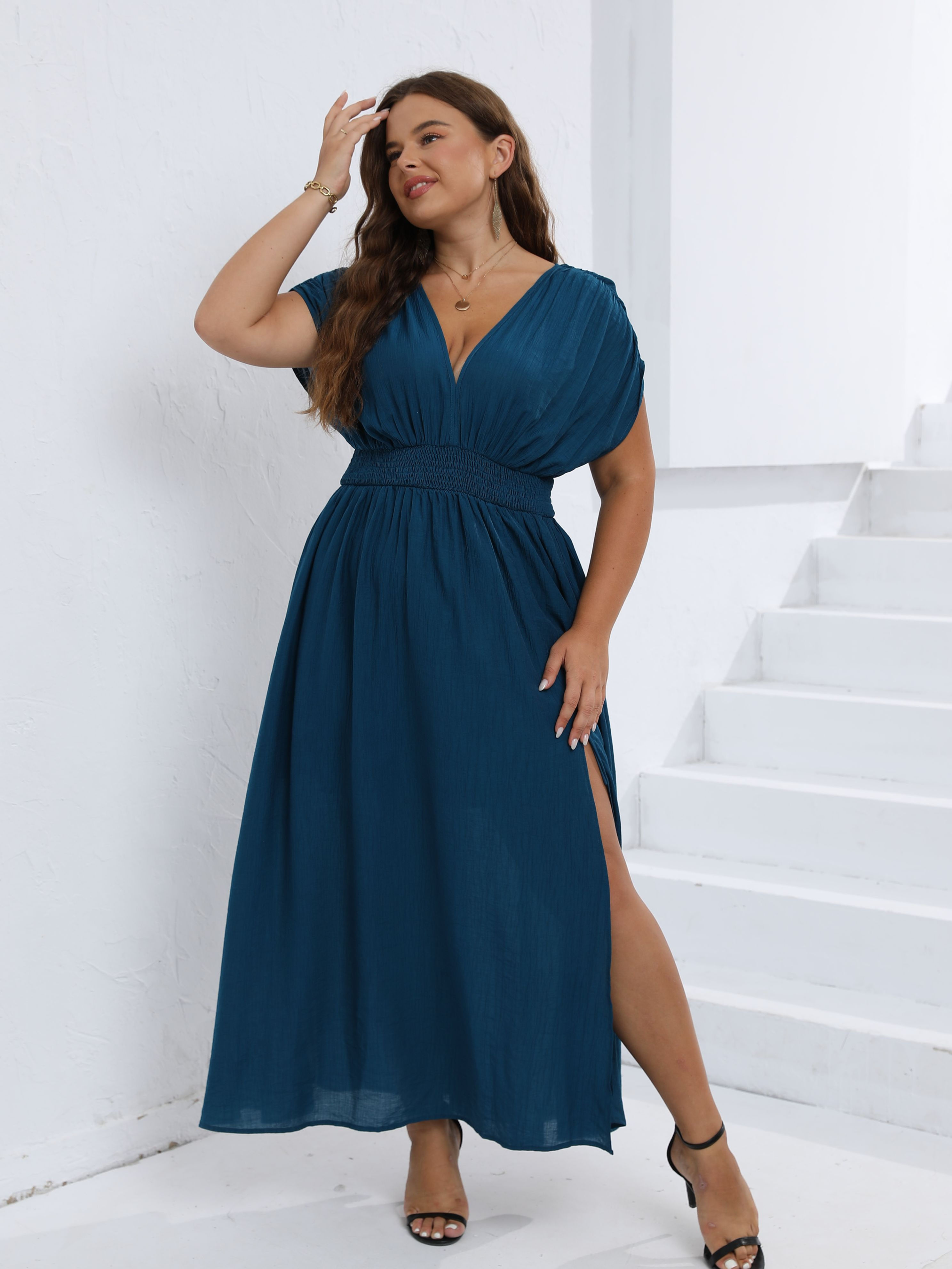 Europe and the United States  summer solid color V-neck elastic waist slimming