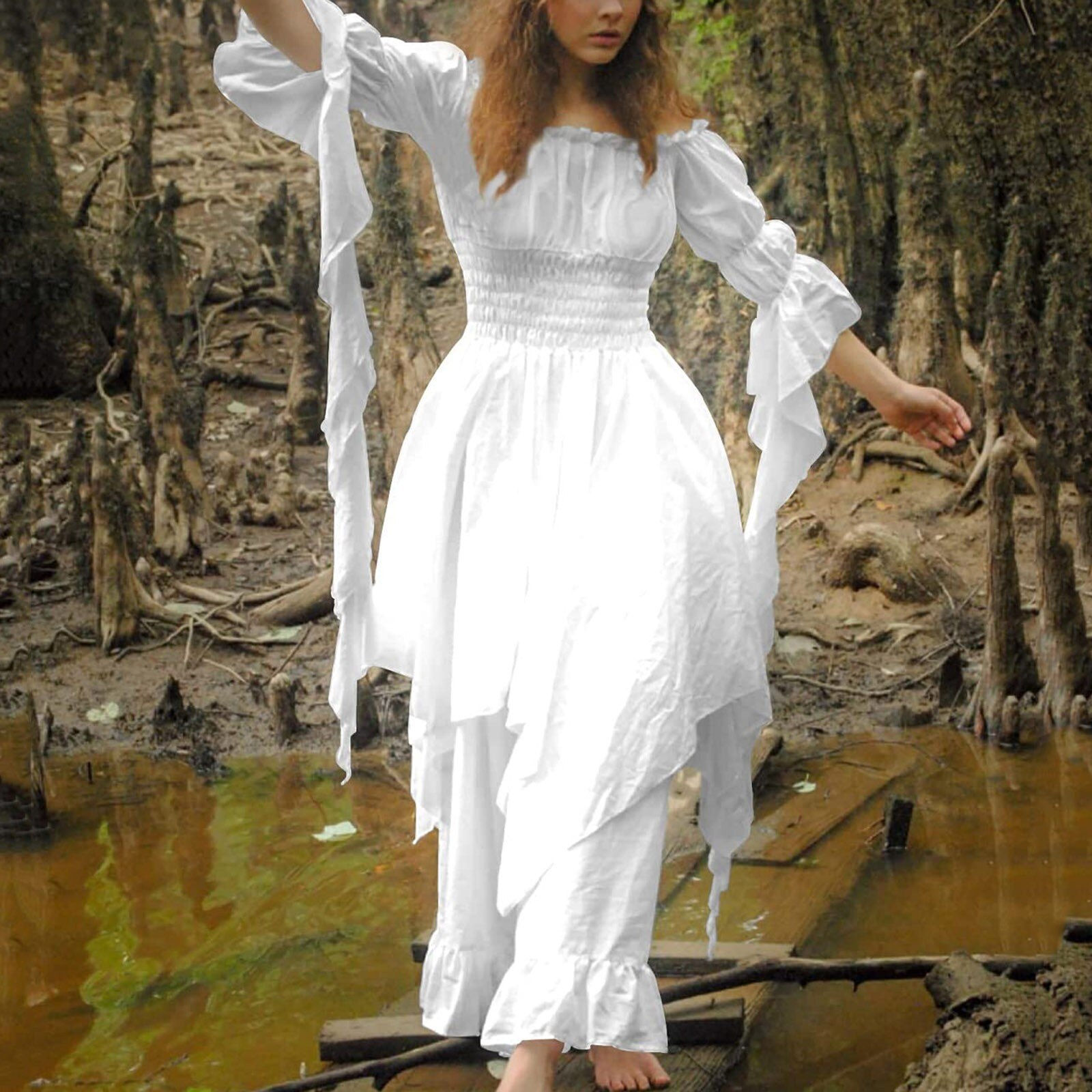 Women Trumpet Sleeve Irish Shirt Dress Vintage Victorian Medieval Dress