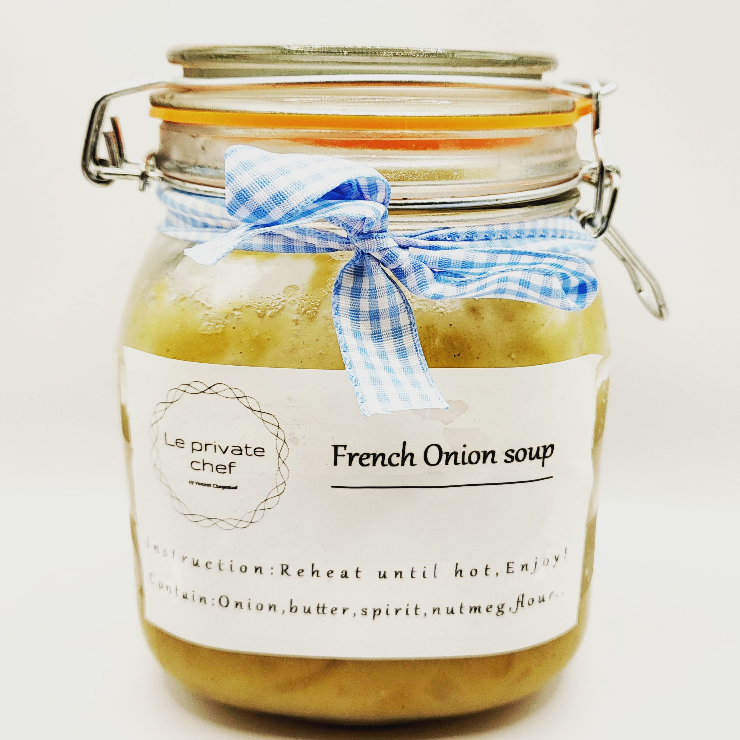 A jar of onion soup prepared by Le Private Chef Sydney