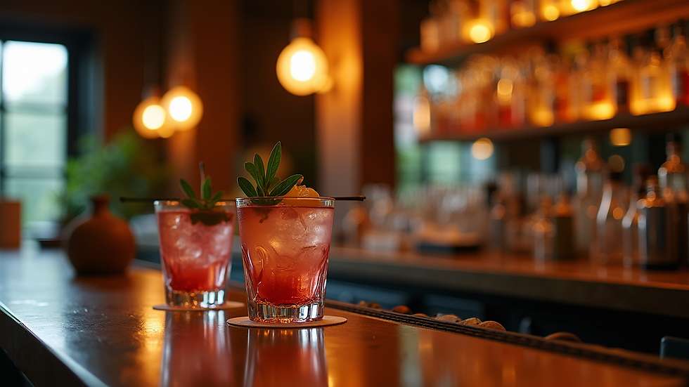 Eye-level view of a stylish cocktail bar setup