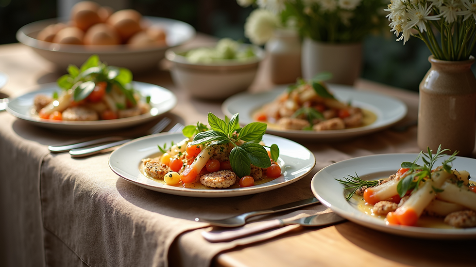 High angle view of vegan and gluten-free wedding dishes on a table