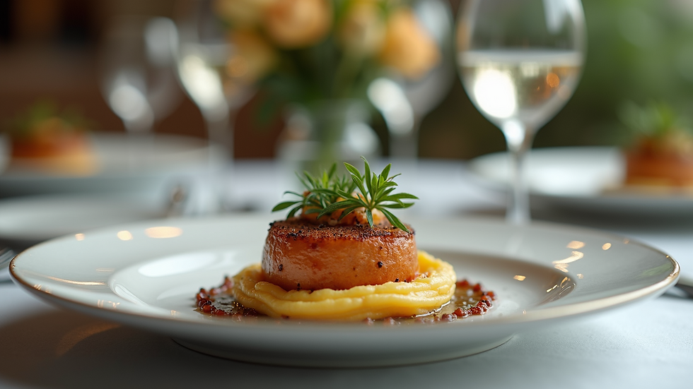 Close-up view of plated wedding meal with garnish