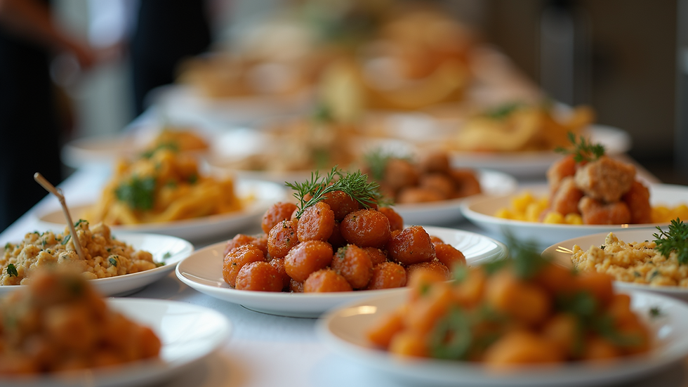 Eye-level view of a wedding buffet table with assorted dishes