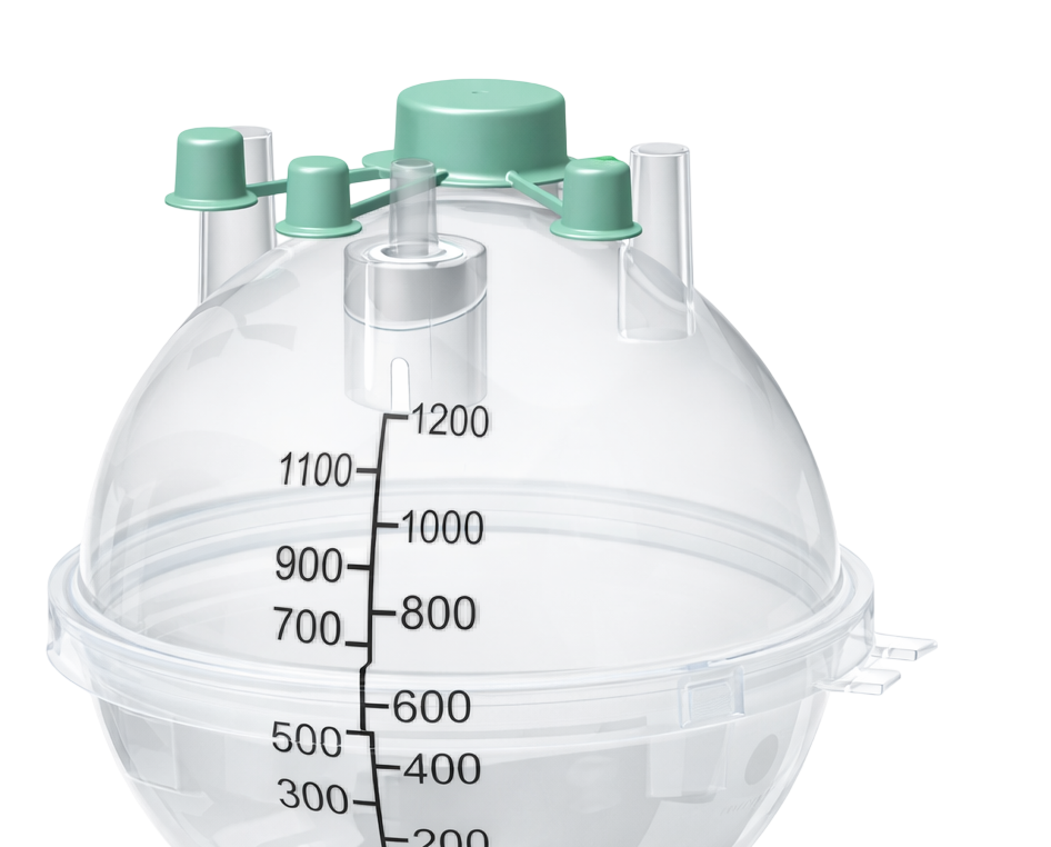Medical drainage bulb with green ports and volume scale