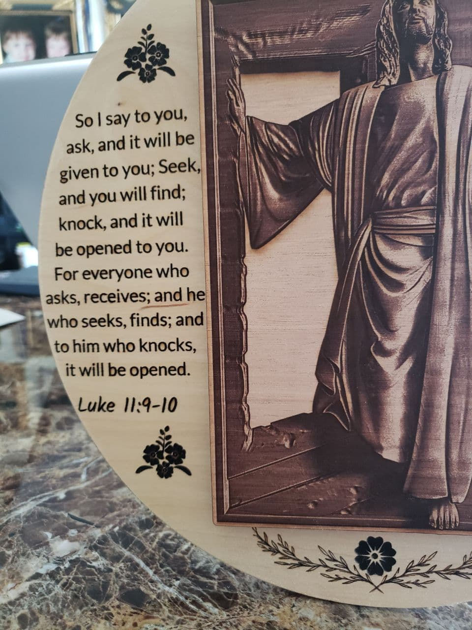 Thumbnail: Handmade Wooden Jesus At the Door Plaque with two Bible Verses with lights.