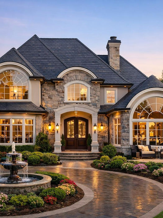 Half-round window installed above an entryway adding architectural symmetry