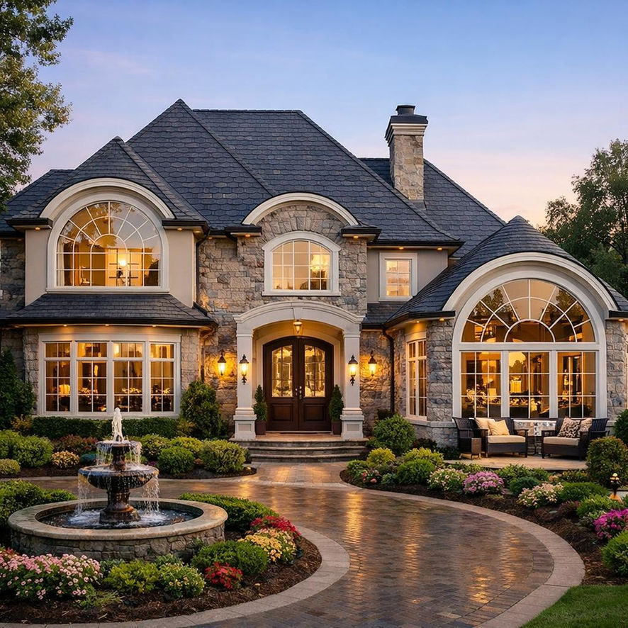 Half-round window installed above an entryway adding architectural symmetry