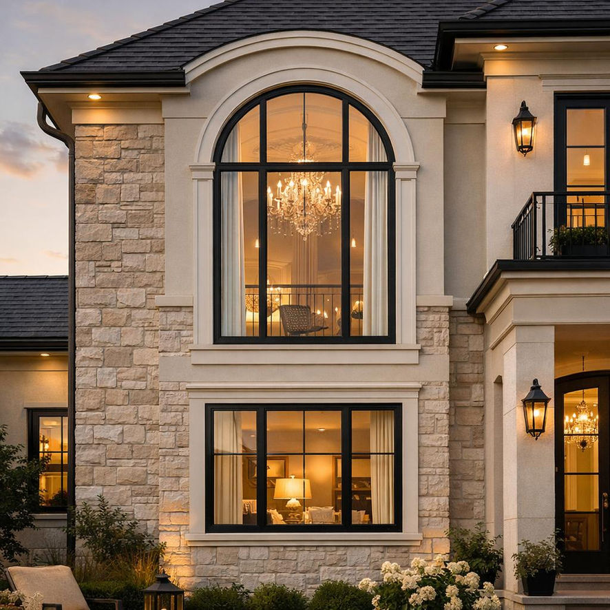 Extended leg half round window installed above a rectangular window assembly