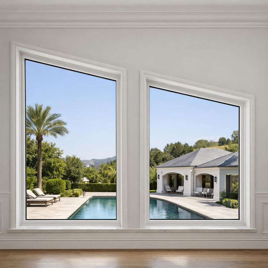 Trapezoid window installed above a door in a modern home