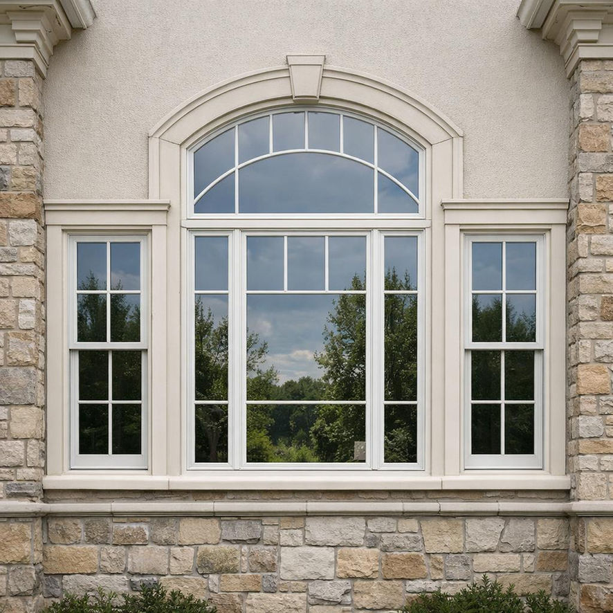 Double hung flank windows installed on either side of a central window