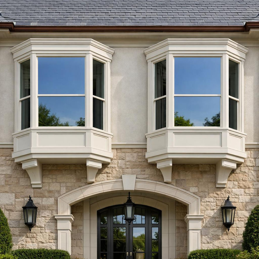 Oriel window projecting outward from the exterior wall of a home