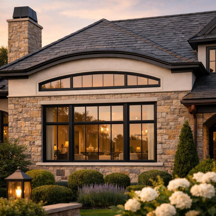 Eyebrow arch window with a shallow curved top above a doorway