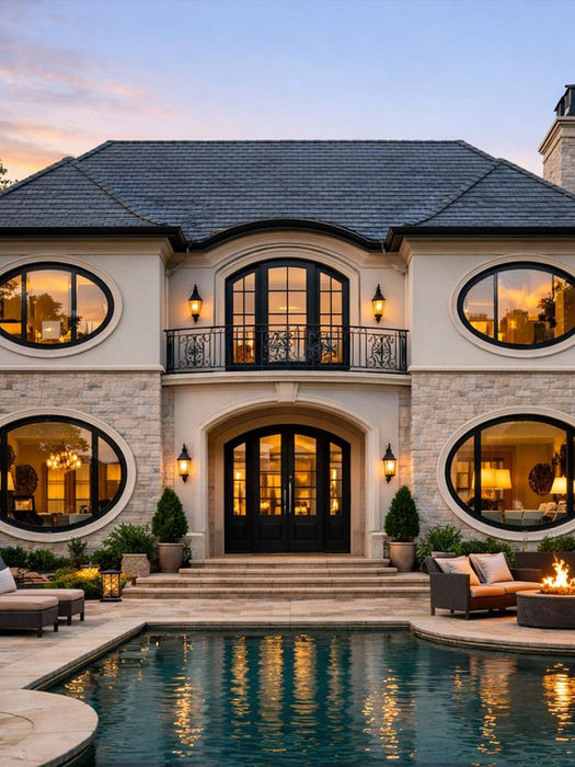 Oval window installed as a decorative accent near an entryway