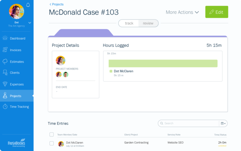 screenshot of Freshbooks project dashboard