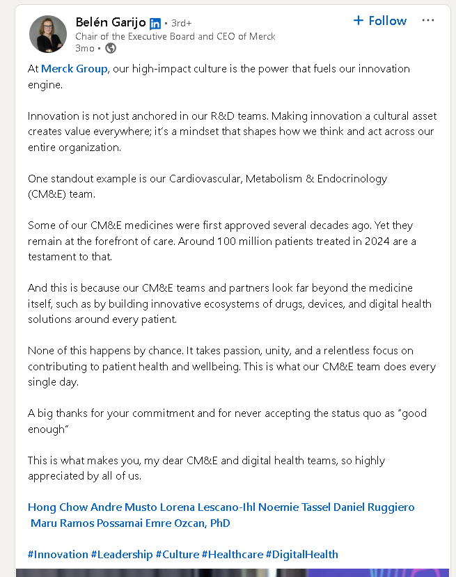 LinkedIn post by Belén Garijo highlights Merck Group's innovation culture, CM&E team success, and patient care commitment. Includes hashtags.