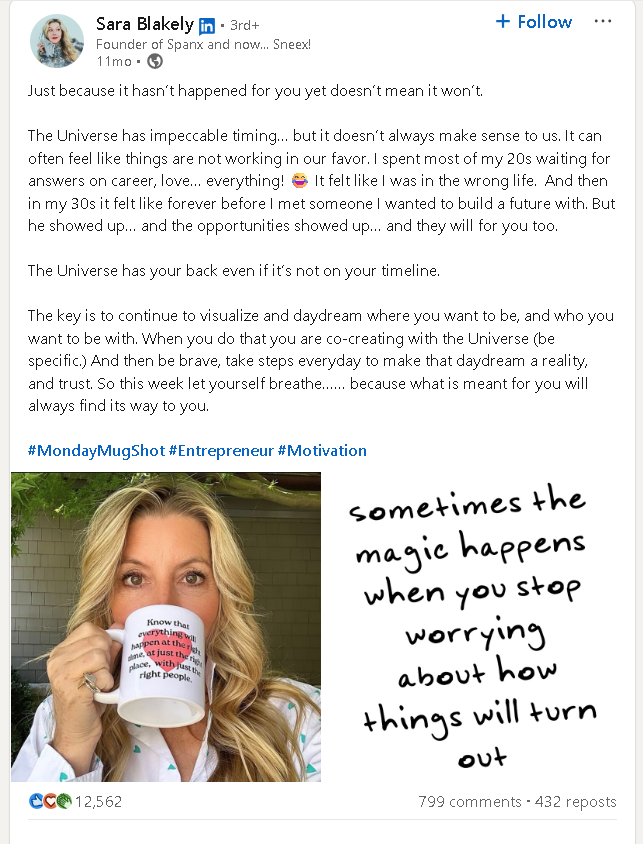 Woman holds mug with text in outdoor setting. Beside her, text reads "sometimes the magic happens when you stop worrying."