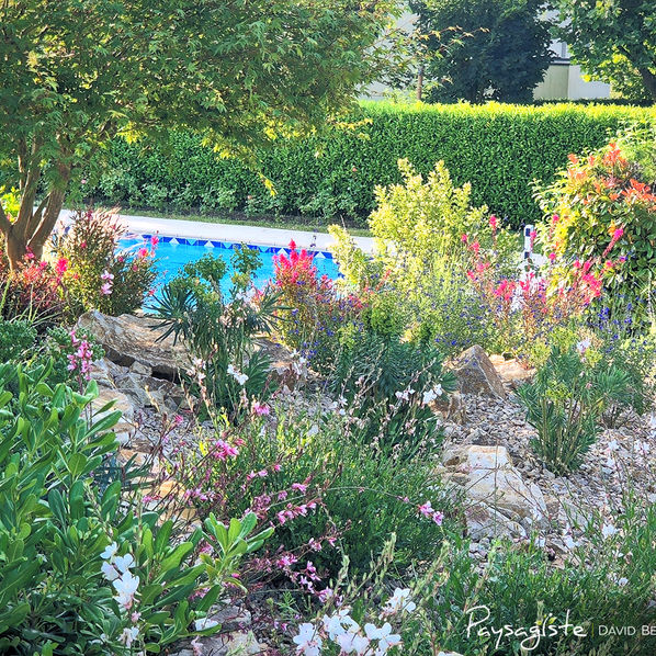 Jardin fleuri et coloré près d’une piscine à Issoire
