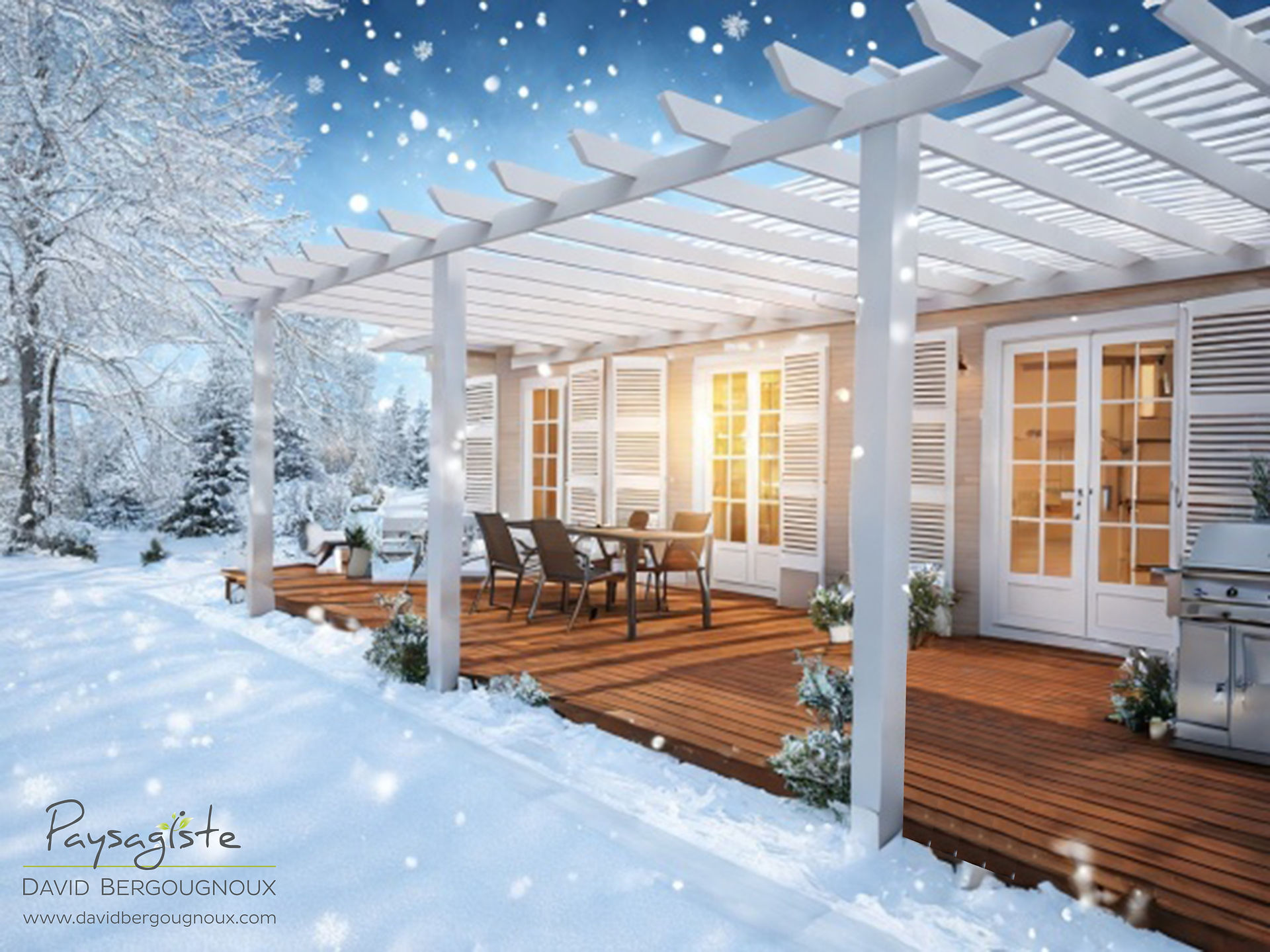 Pergola en bois installée sur une terrasse en bois entourée d’un paysage enneigé, avec des chaises et une table, idéale pour profiter du jardin en hiver comme en été. Aménagement réalisé le paysagiste David Bergougnoux.