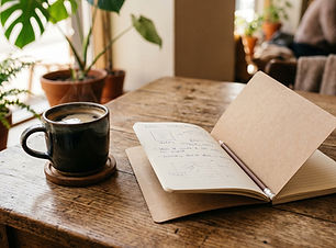 Open journal with pen on a table along with a coffee cup.