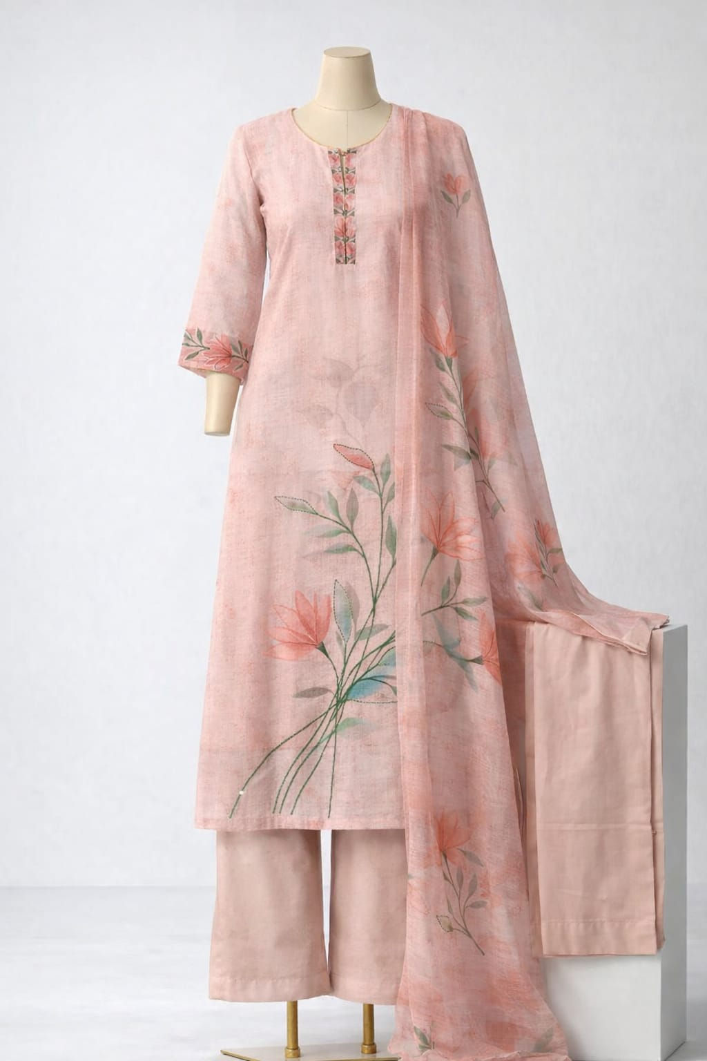 Elegant Peach Floral Hand-Embroidered Suit Set 