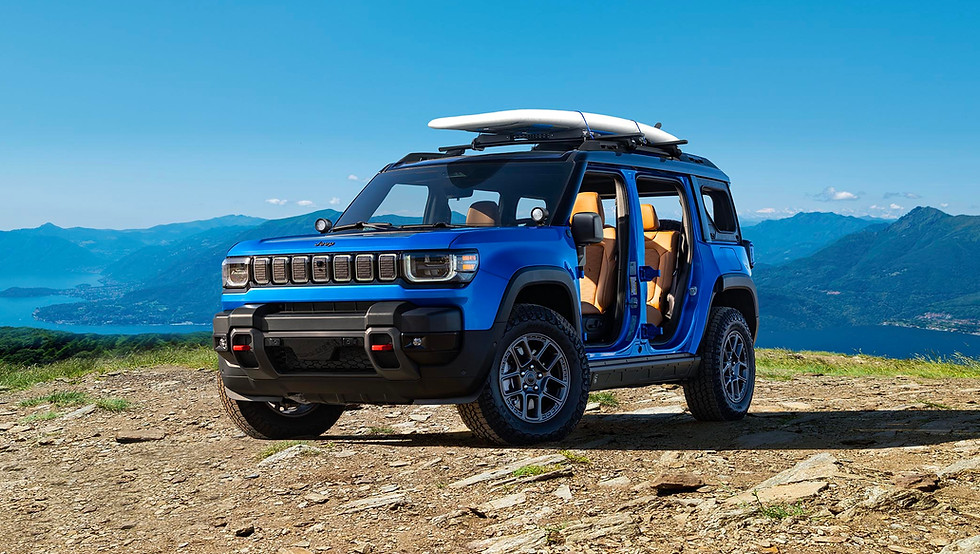 Jeep® Recon in Hydro Blue features Rock Rails, LED Off-Road Light Kit, Lower A-Pillar Light Mounting Brackets, Doors-Off Mirror Kit, WingBar Evo Raised Rail Crossbar Kit
and Roof-Mount Surfboard and Paddleboard Rack by Thule®*