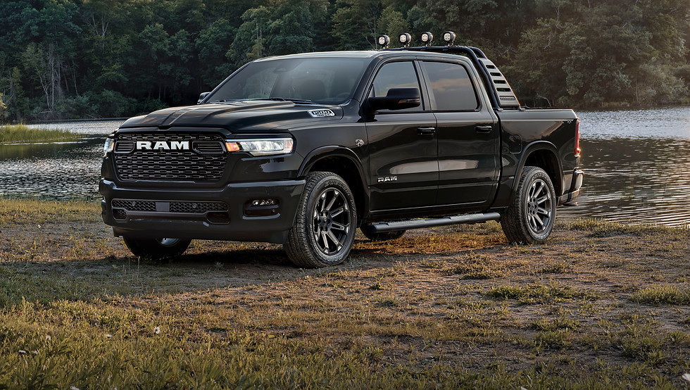 Ram 1500 Big Horn® in Diamond Black features Black Tubular Side Steps, 20-inch Aggressive Style Wheels, Gray Metallic Bodyside Graphic,
Rambar, Off-Road 5-inch LED Light Kit and Light Mounting Brackets