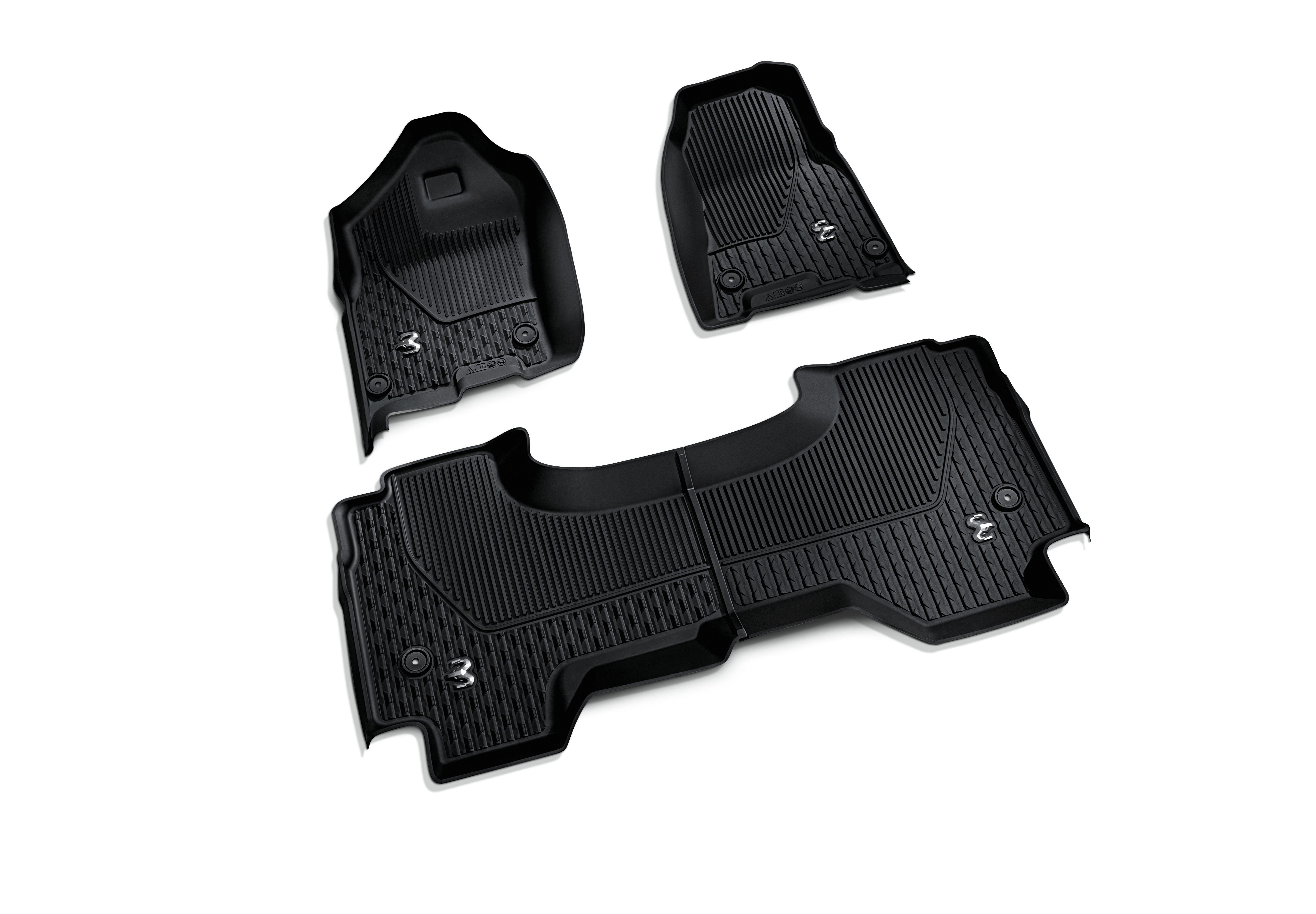 black with gray ram's head logo quad cab all-weather mats