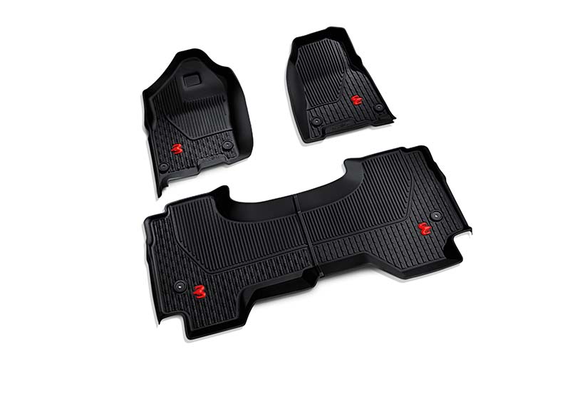 black with red ram's head logo quad cab all-weather mats