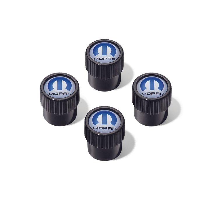 black with blue mopar brand logo valve stem caps