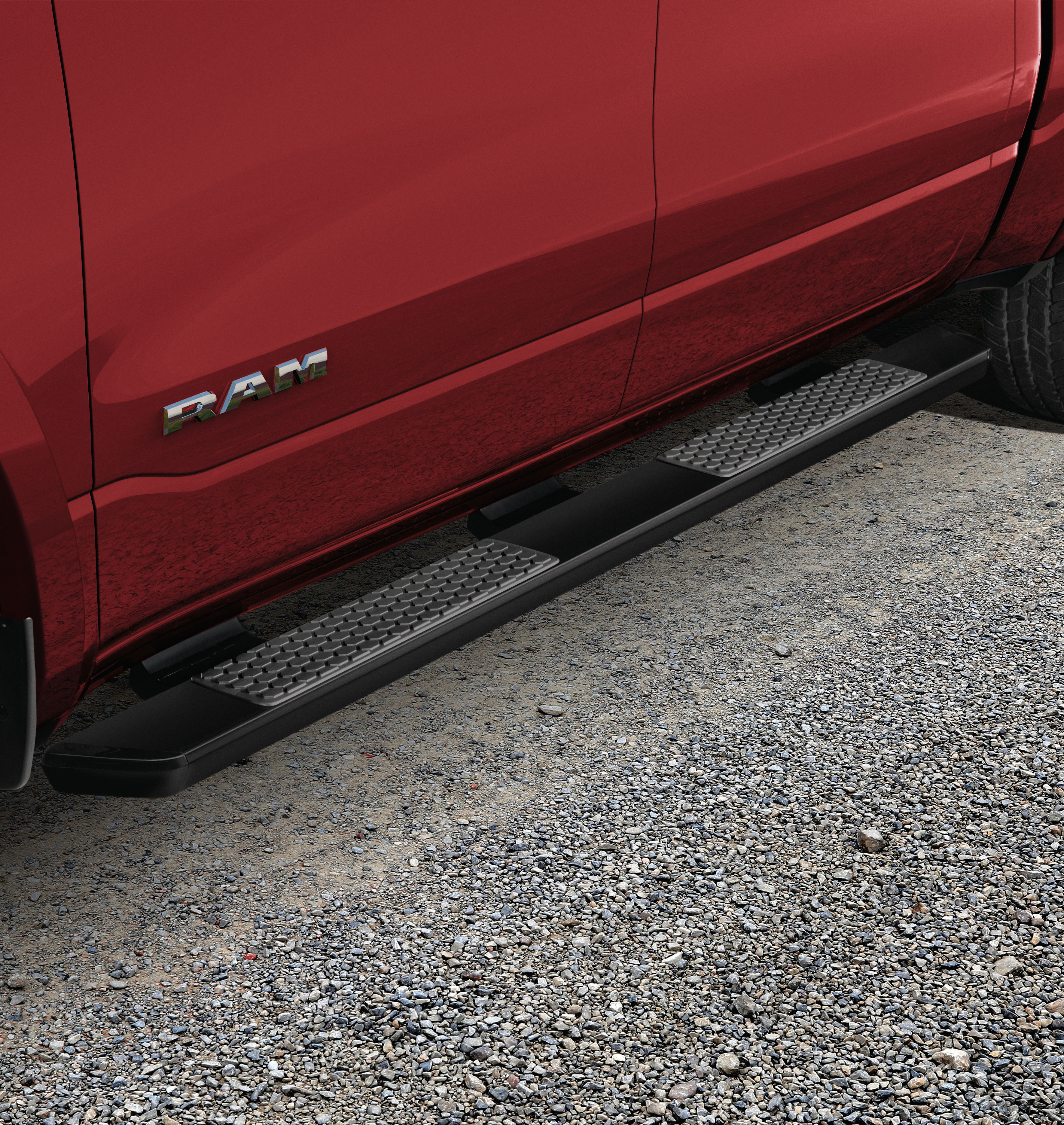 matte black-painted, cab length running boards