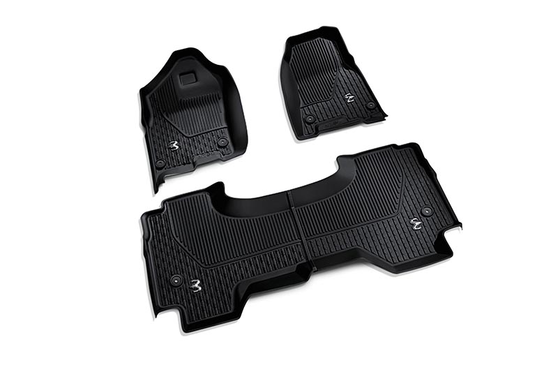 black with gray ram's head logo quad cab all-weather mats