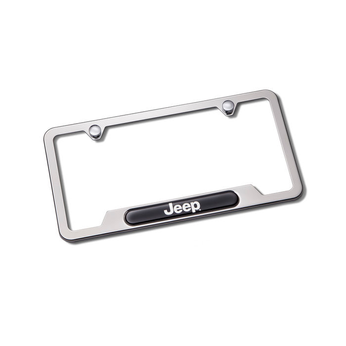 silver license plate frame with jeep brand logo
