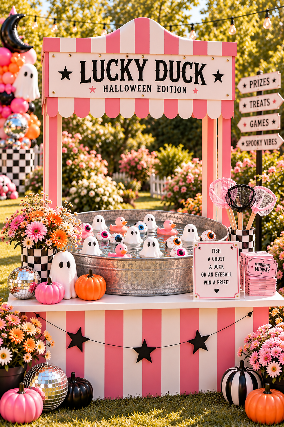 Lucky Duck Halloween carnival game with floating ghosts, eyeballs and pink ducks