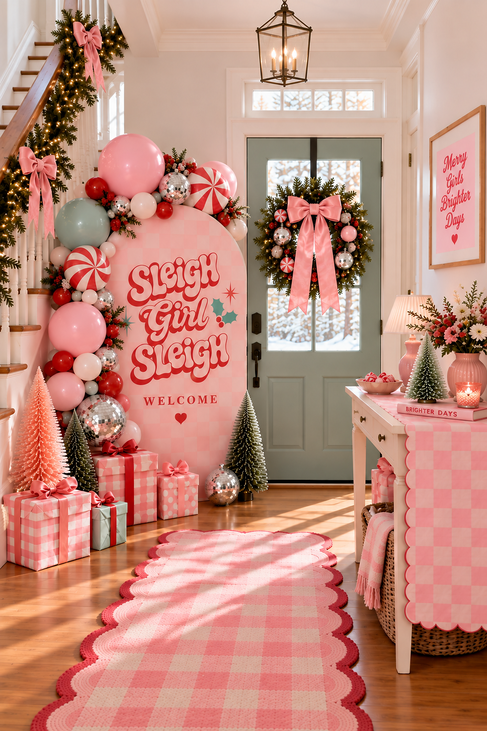 Pink retro Christmas party entryway with Sleigh Girl Sleigh rounded arch, pastel balloon garland, peppermint props and wrapped gifts.