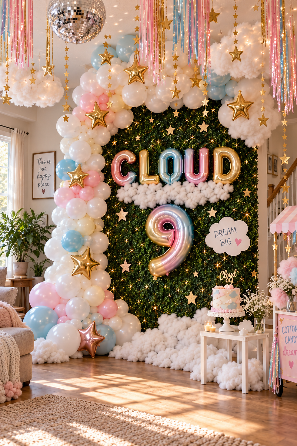 Cloud 9 birthday backdrop with greenery wall, pastel balloon garland, metallic CLOUD letters, giant number 9 balloon and fluffy clouds.