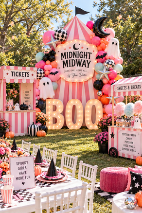 Colorful Midnight Midway Halloween carnival party for tweens with pink striped booths, carnival games, balloons and a Halloween tablescape