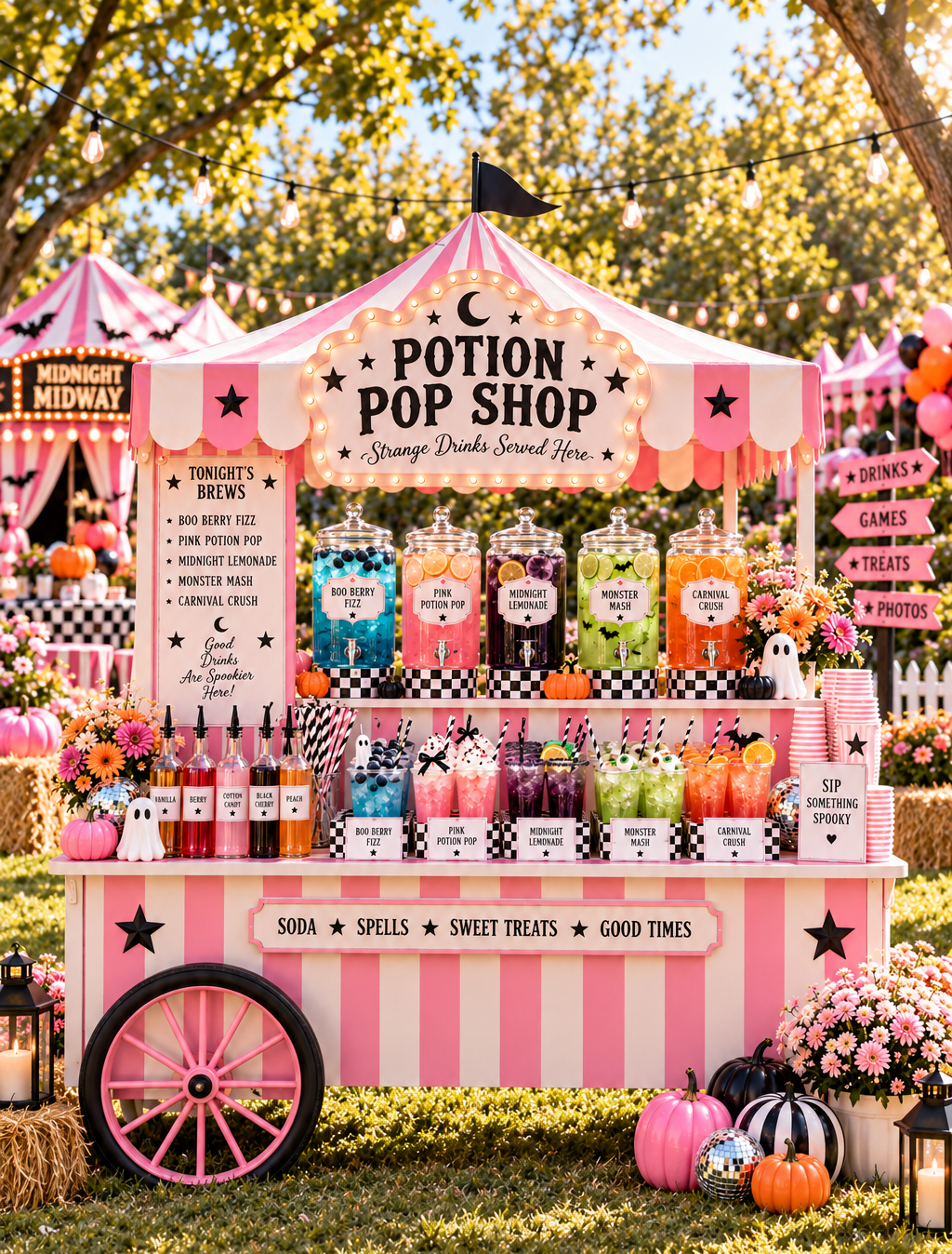 Potion Pop Shop Halloween drink station with colorful sodas and mocktails for tweens