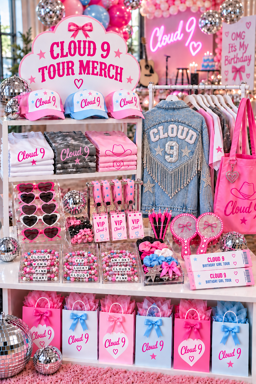 Cloud 9 Tour Merch favor display with pink shirts, trucker hats, totes and denim jacket.