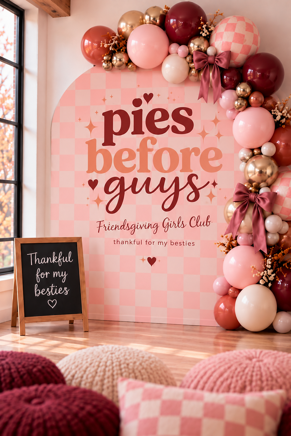 Pink Pies Before Guys Friendsgiving backdrop with retro checkerboard print, burgundy and blush balloons and velvet bows.