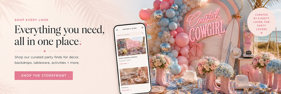 Gather & Glow Amazon storefront banner featuring a Coastal Cowgirl party and curated party shopping inspiration.
