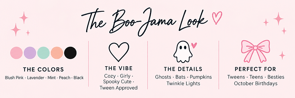 Boo-Jama Halloween sleepover color palette and party style featuring blush pink, lavender, mint, peach and black.