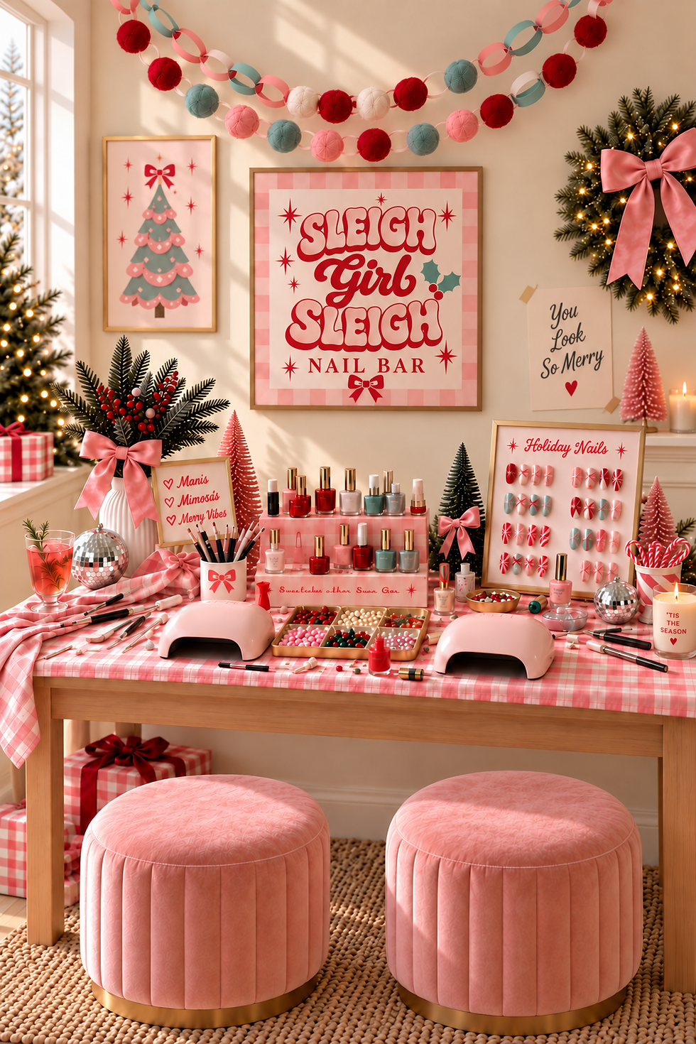 Pink retro Sleigh Girl Sleigh nail bar for tween girls with holiday nail polish, Christmas nail designs, pink gingham and bottlebrush trees.