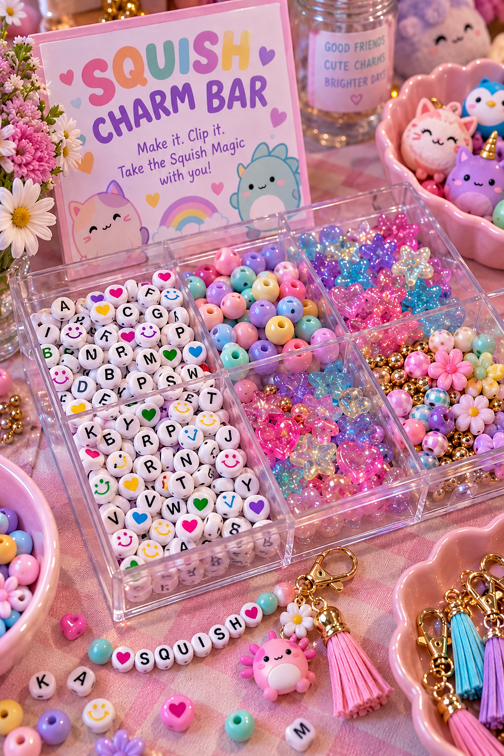 DIY Squishmallow keychains made with pastel beads, alphabet beads, colorful character charms and tassels for a girls birthday party.