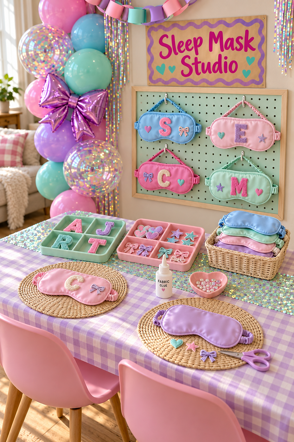 Pastel satin sleep masks with chenille initials hang on a mint pegboard above patch trays, fabric glue and masks on rattan work mats.