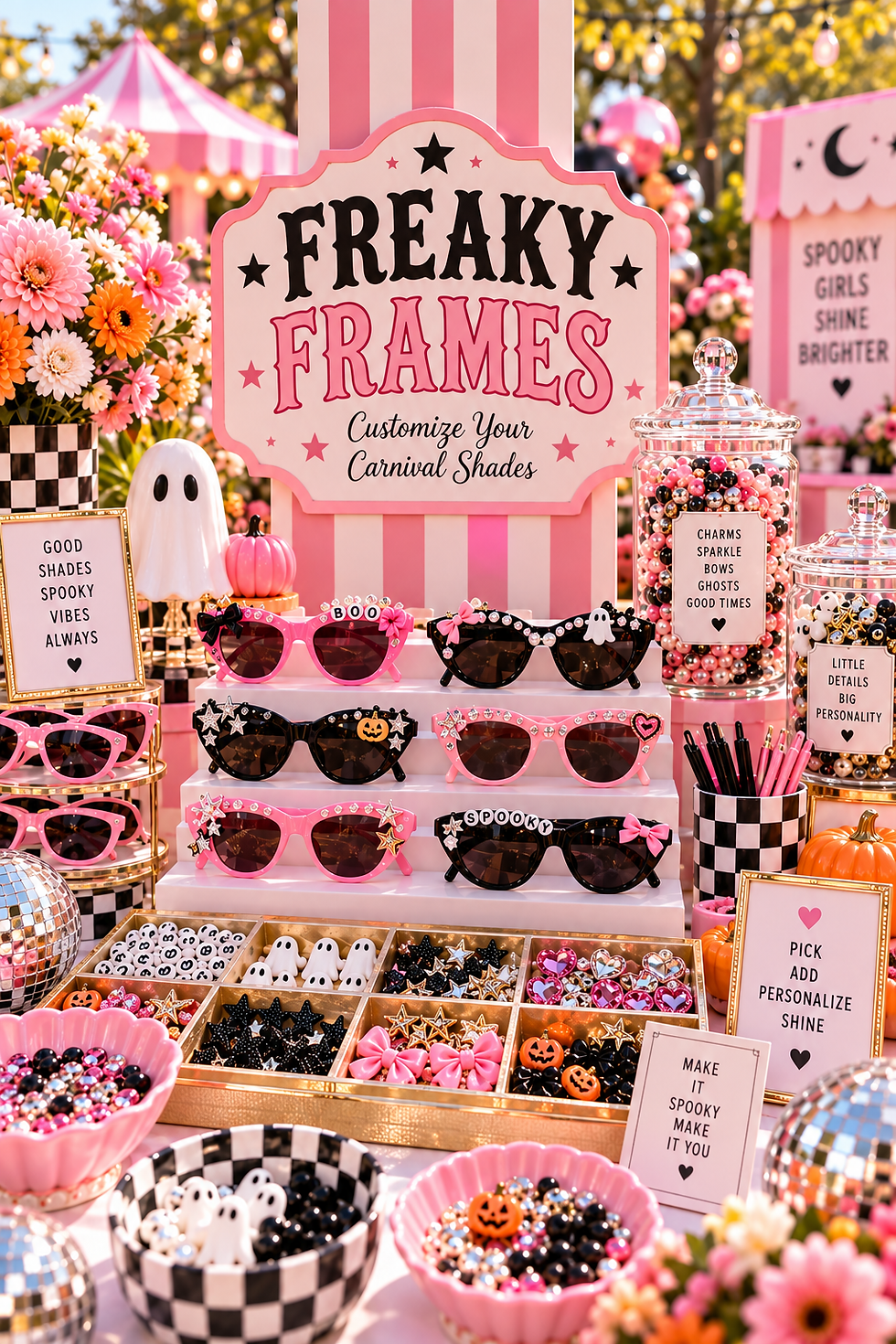 Freaky Frames Halloween sunglasses decorating station with pink and black shades, charms and rhinestones