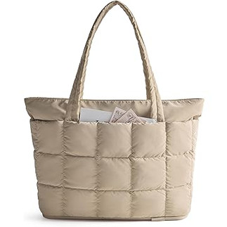 BAGSMART Expandable Tote Bag for Women, Puffer Work Tote Handbag, Quilted Carry On Bag for Travel Gy